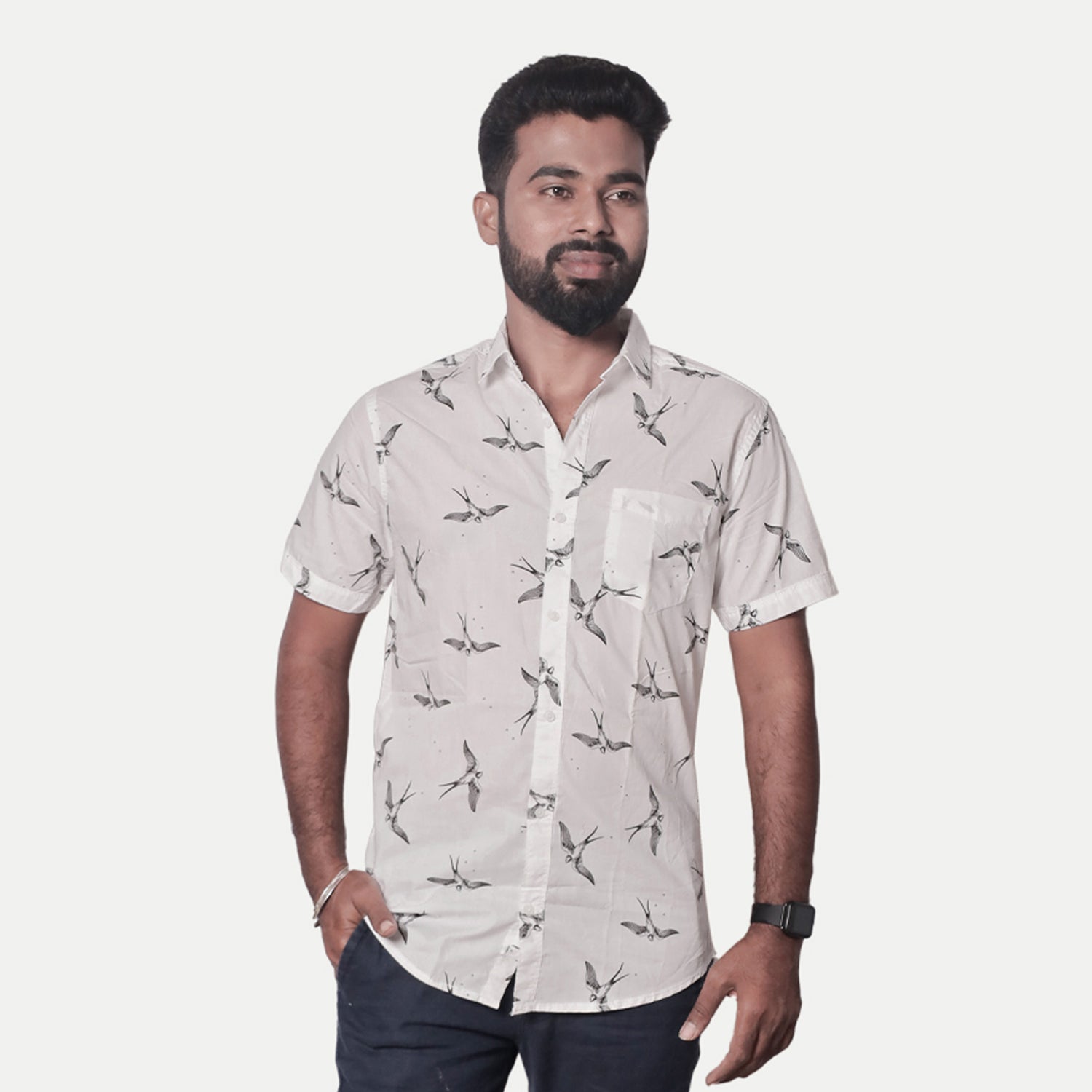 Radprix Men All-Over Black and White Bird Printed Casual Cotton Shirt