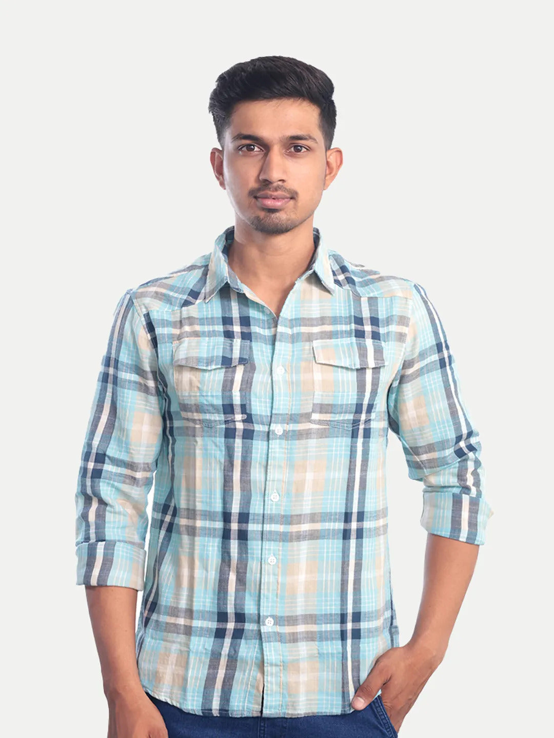 Radprix Men Light Blue Checkered Casual cotton Shirt