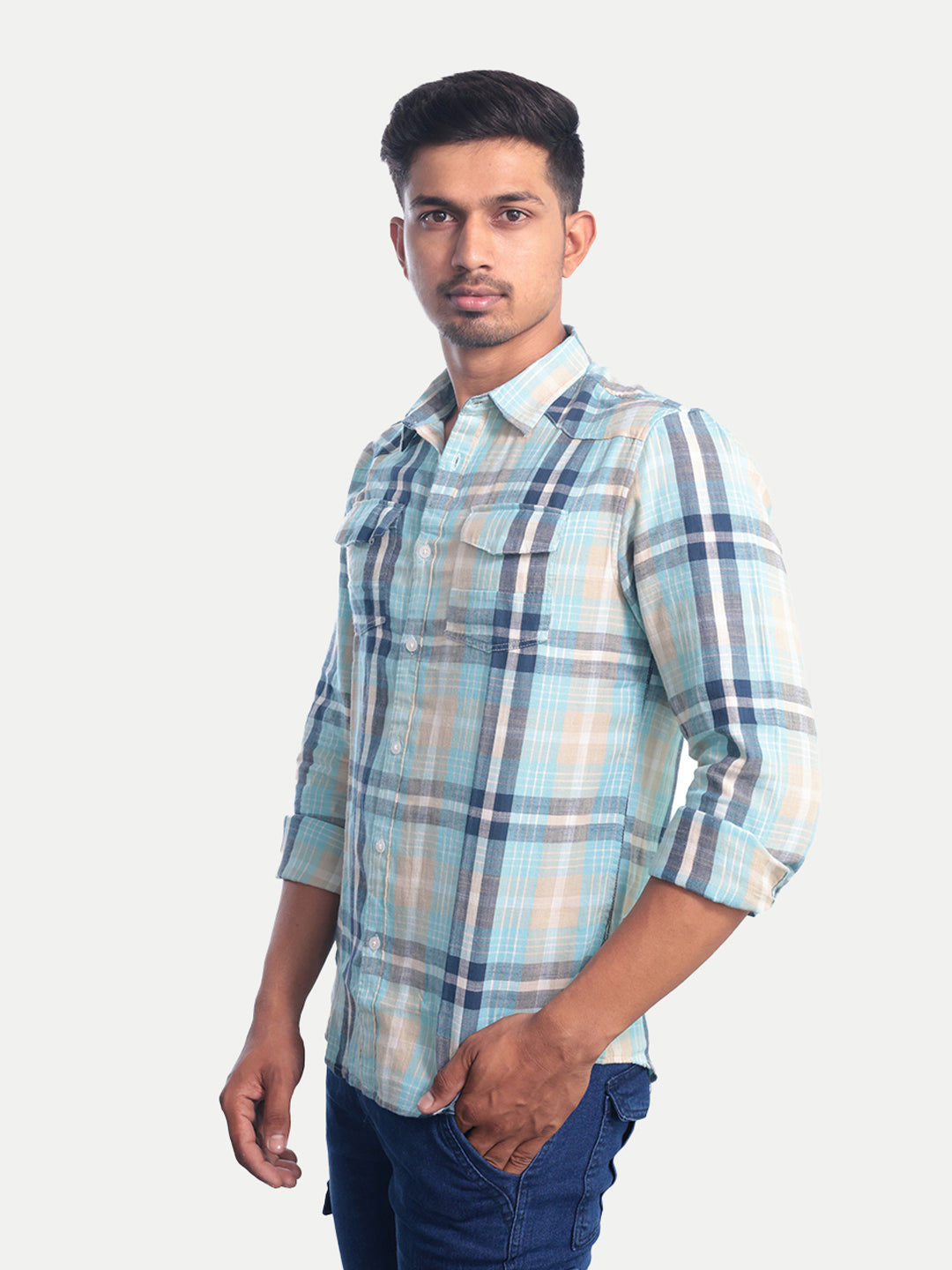 Radprix Men Light Blue Checkered Casual cotton Shirt