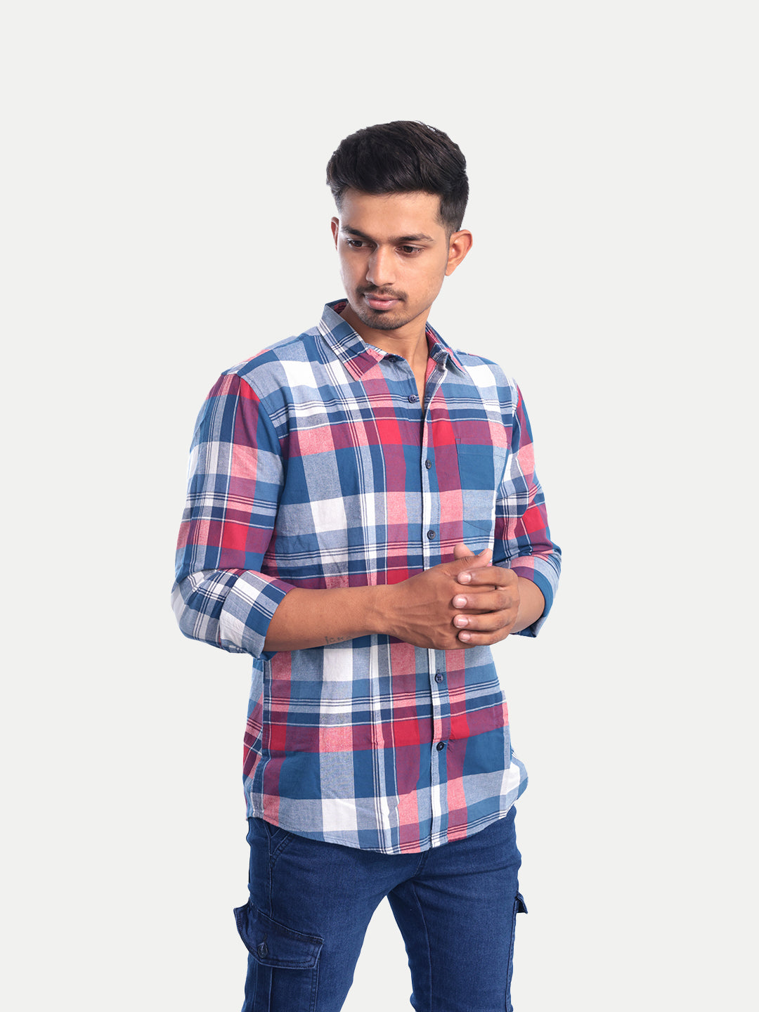 Radprix Men Blue Checkered Casual cotton Shirt