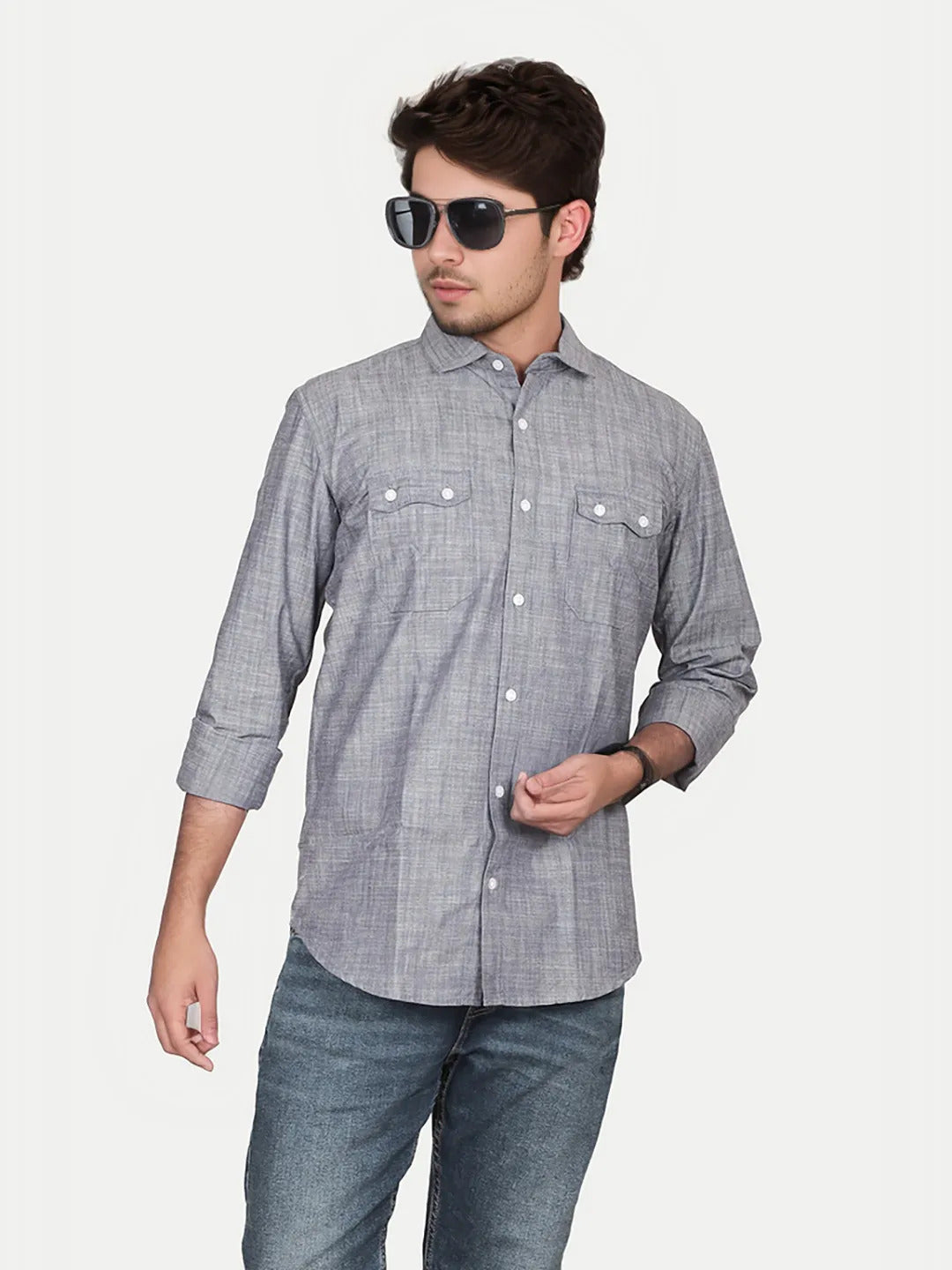 Radprix Men Solid Grey Textured Cotton Shirt