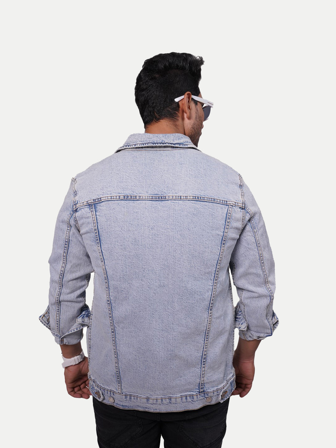 Radprix Men Ice Blue Tailored Denim Jacket with Shirt Collar