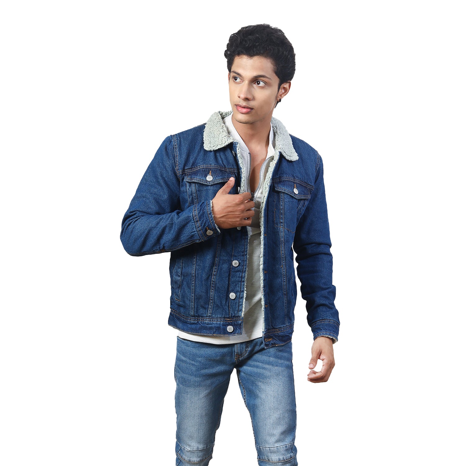 Radprix Men Mid Blue Classic Denim Jacket with fleece shirt Collar