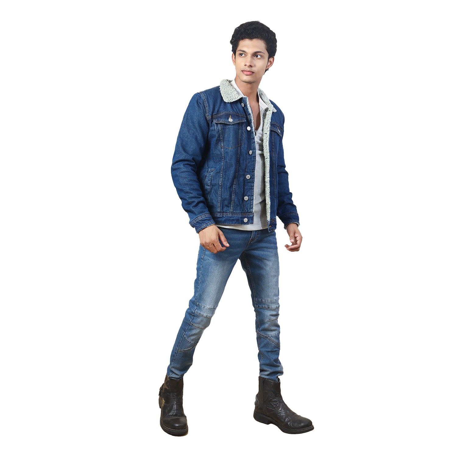 Radprix Men Mid Blue Classic Denim Jacket with fleece shirt Collar