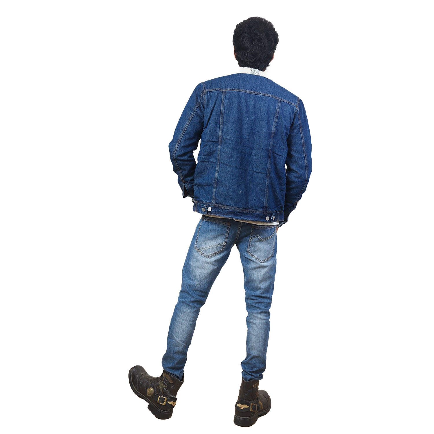 Radprix Men Mid Blue Classic Denim Jacket with fleece shirt Collar