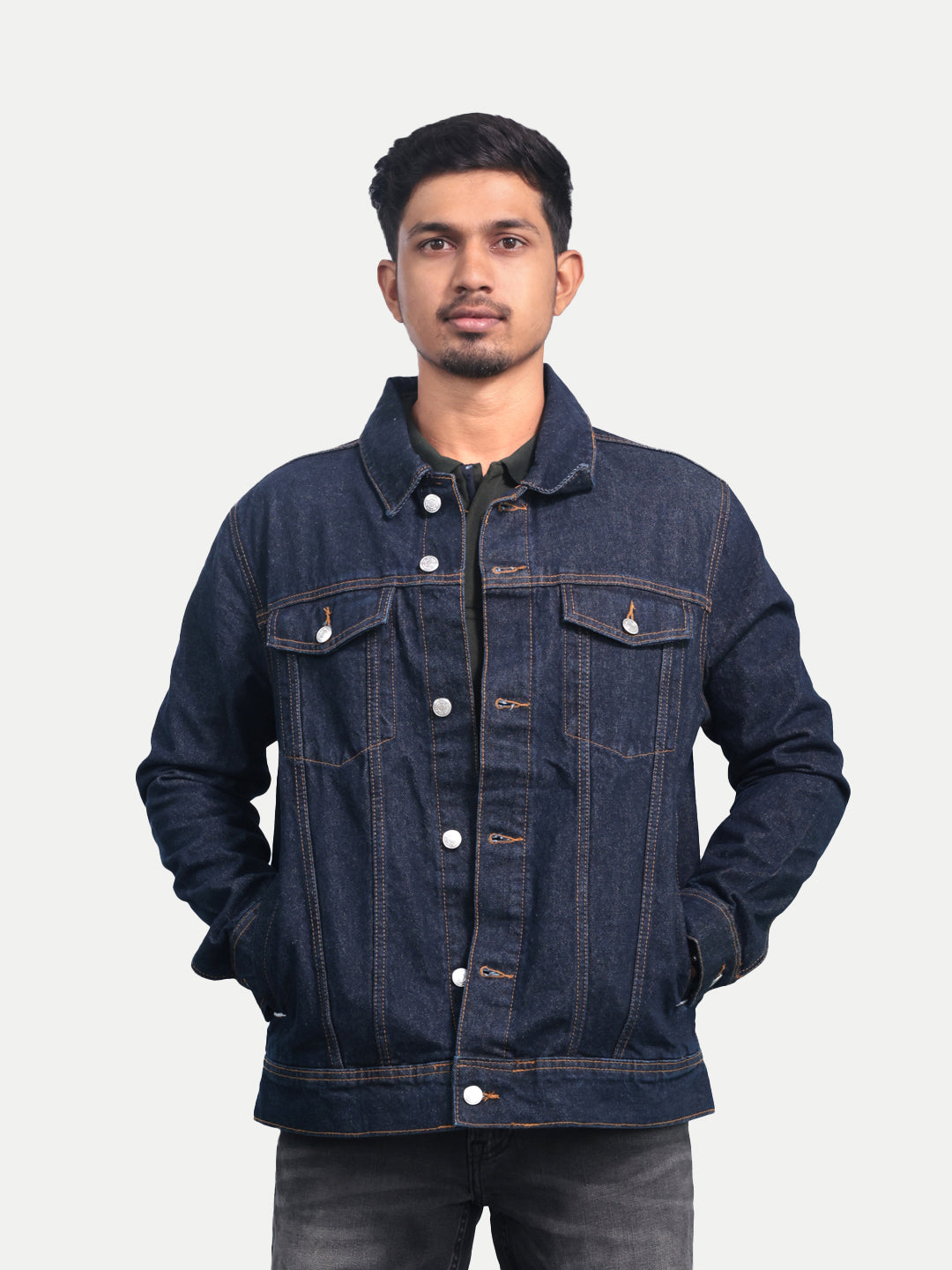 Radprix Men Solid Dark Blue Tailored Denim Jacket with Side Pockets