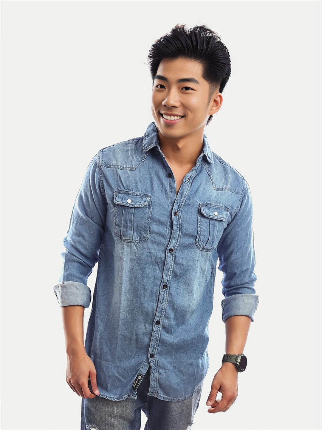 Radprix Men Light Blue Heavy Washed Denim Shirt