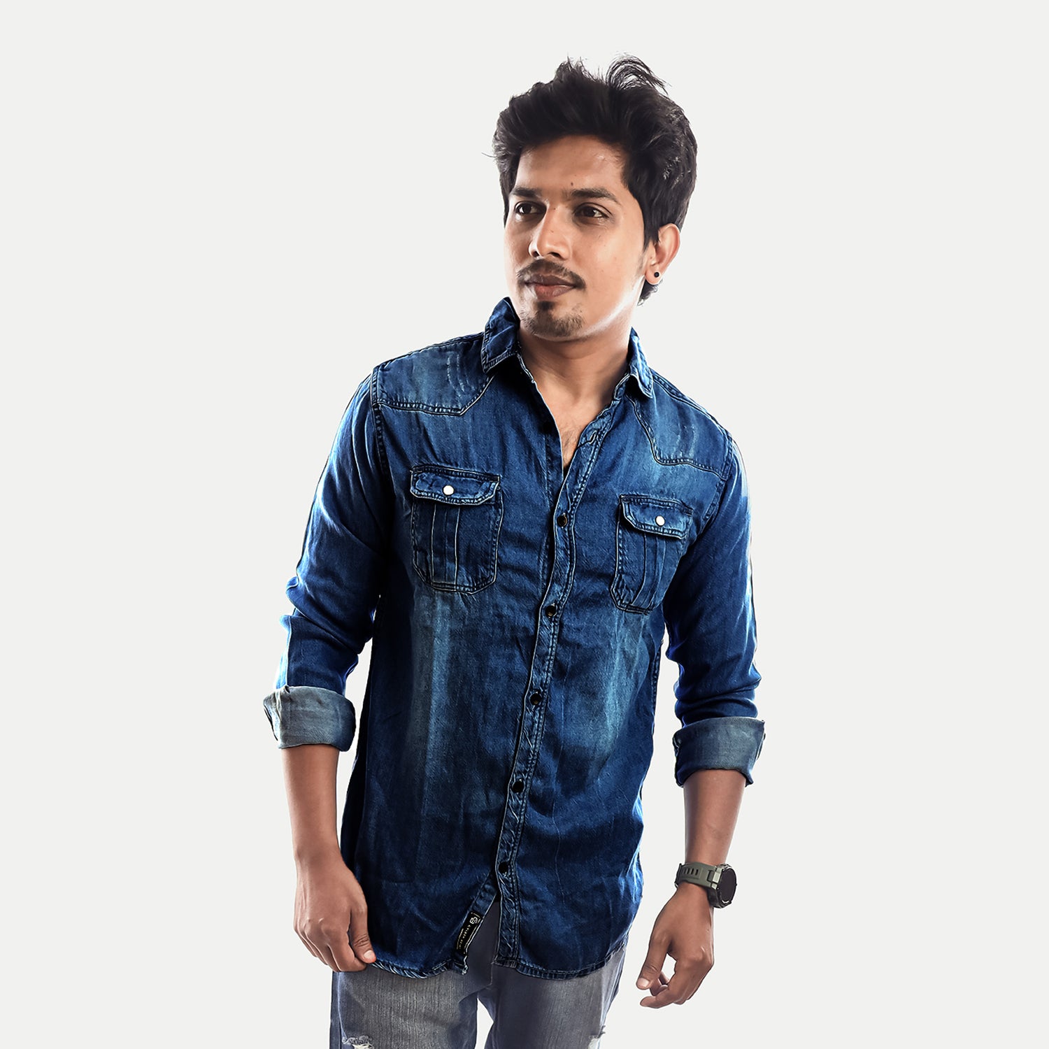 Radprix Men Dark Blue Heavy Washed Denim Shirt