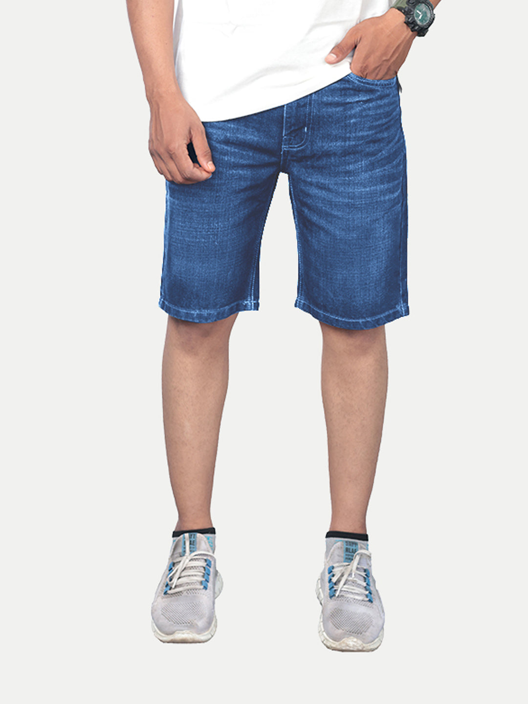 Radprix Men Solid Stone Mid Blue Casual Denim Shorts