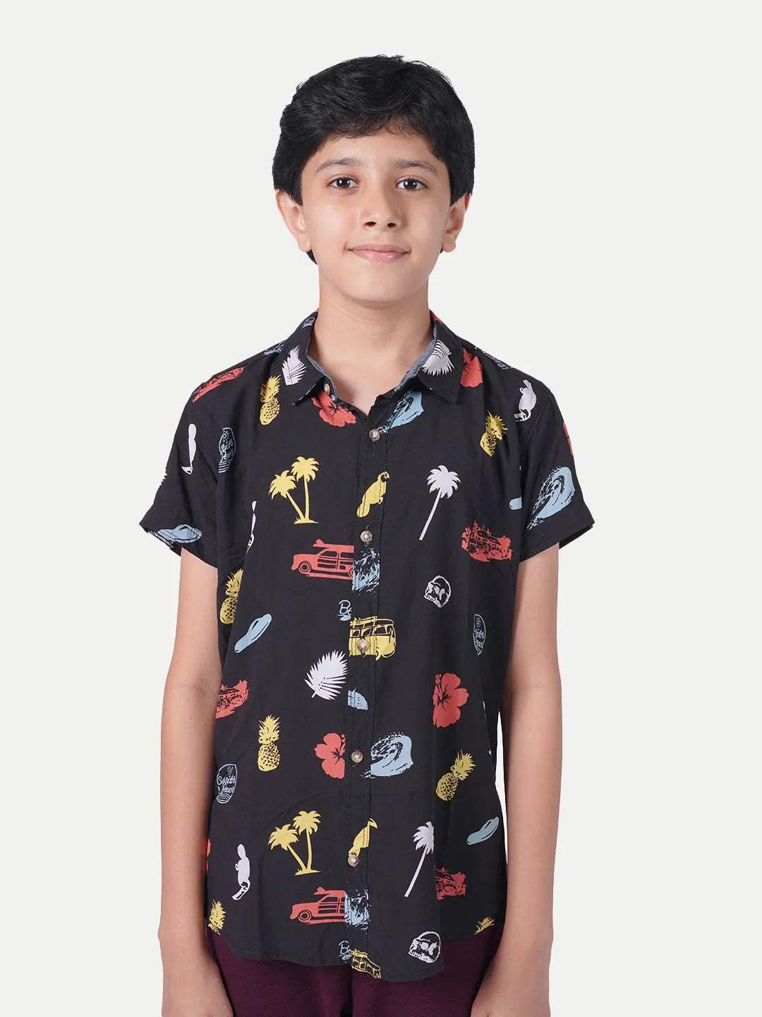 Radprix Teen Boys Black Tropical Printed Camp Shirt