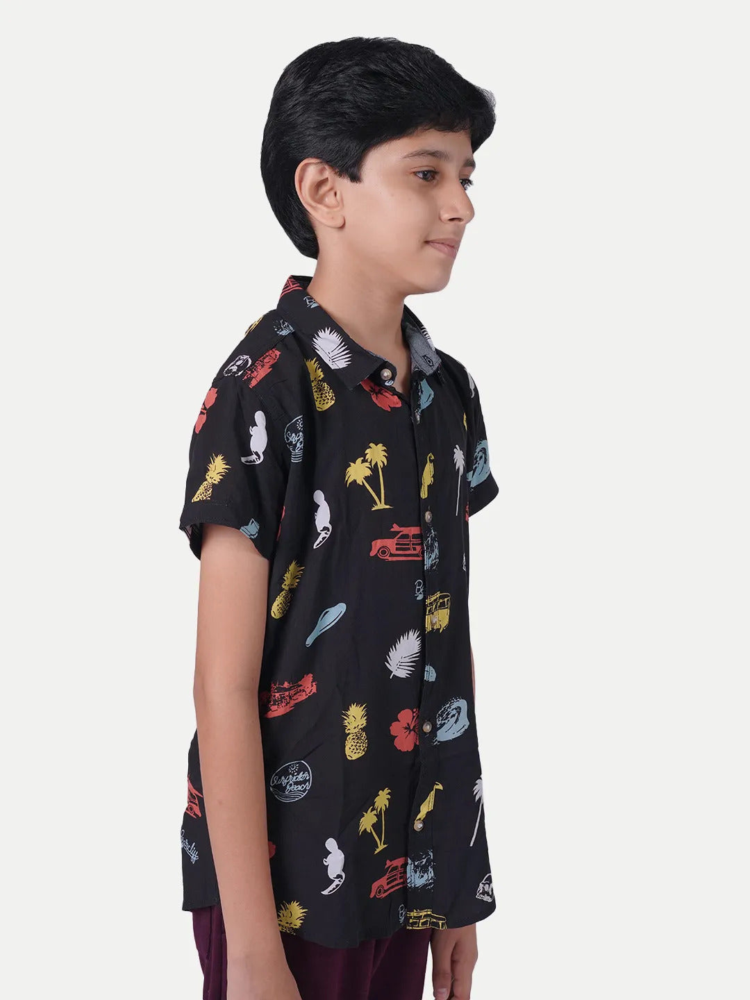 Radprix Teen Boys Black Tropical Printed Camp Shirt