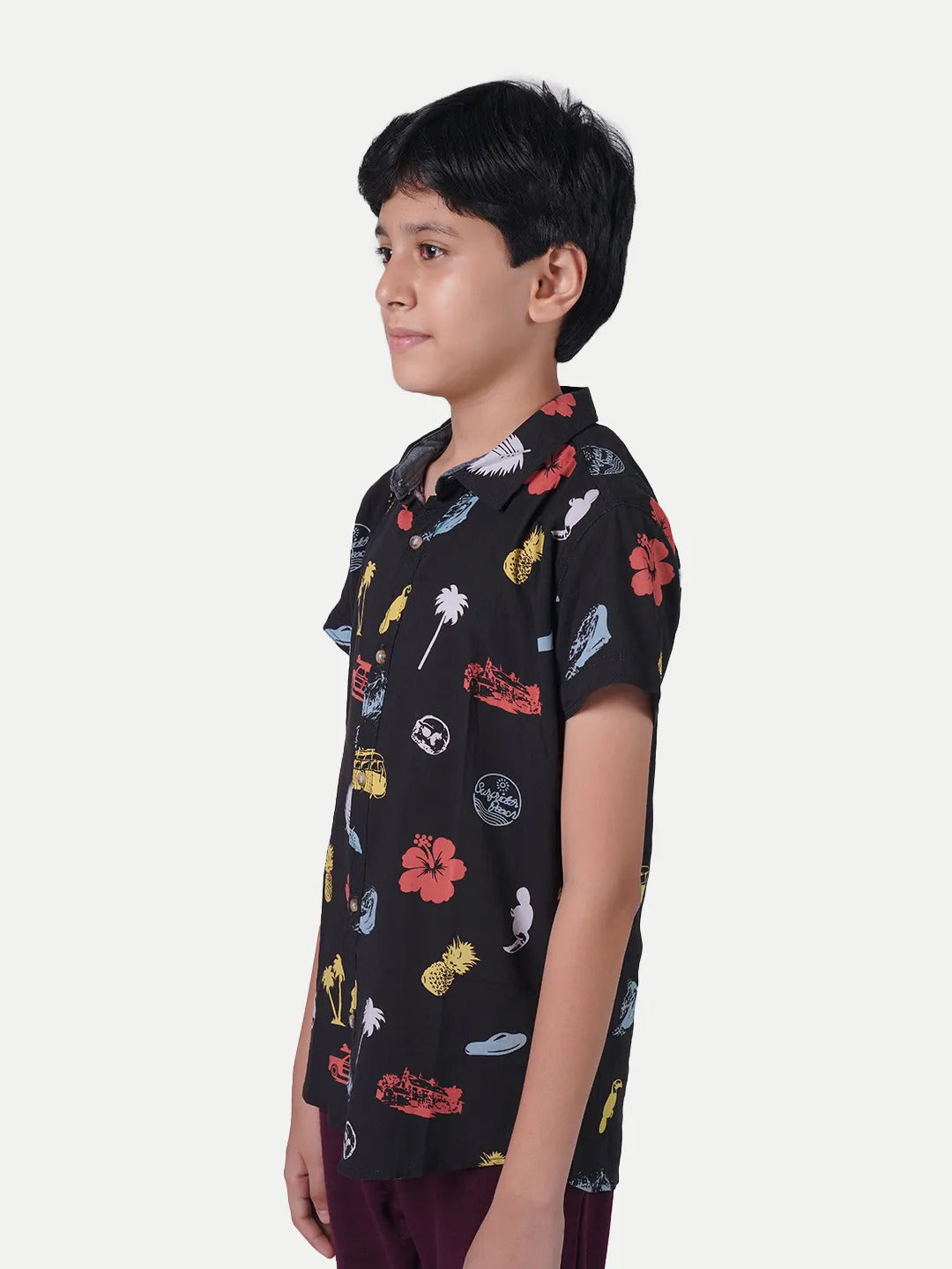 Radprix Teen Boys Black Tropical Printed Camp Shirt