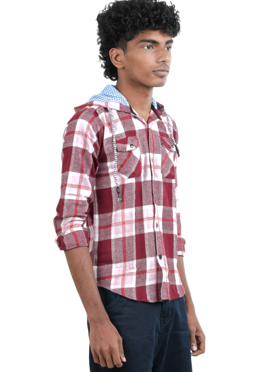 Radprix Boys Burgandy Checked with Hooded shirts