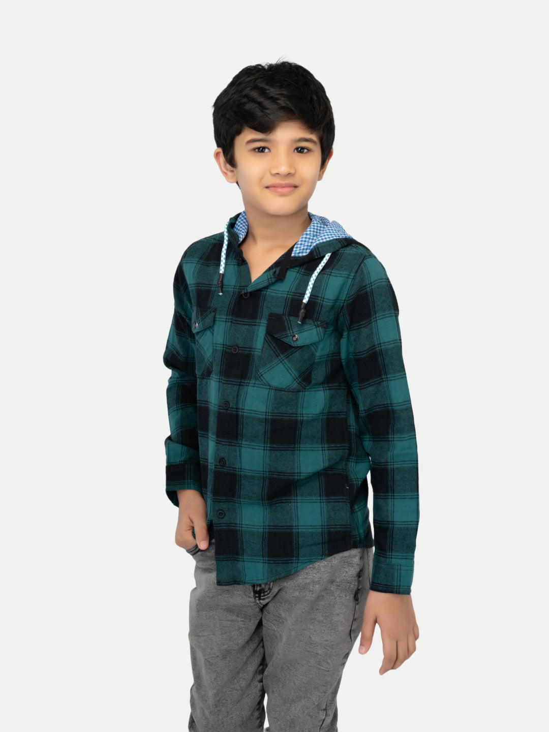 Radprix Boys Green Checked with Hooded shirts