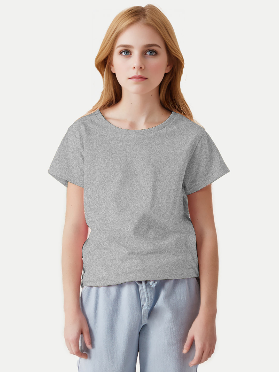 Radprix Girls Grey Melange Round Crew neck T-shirt