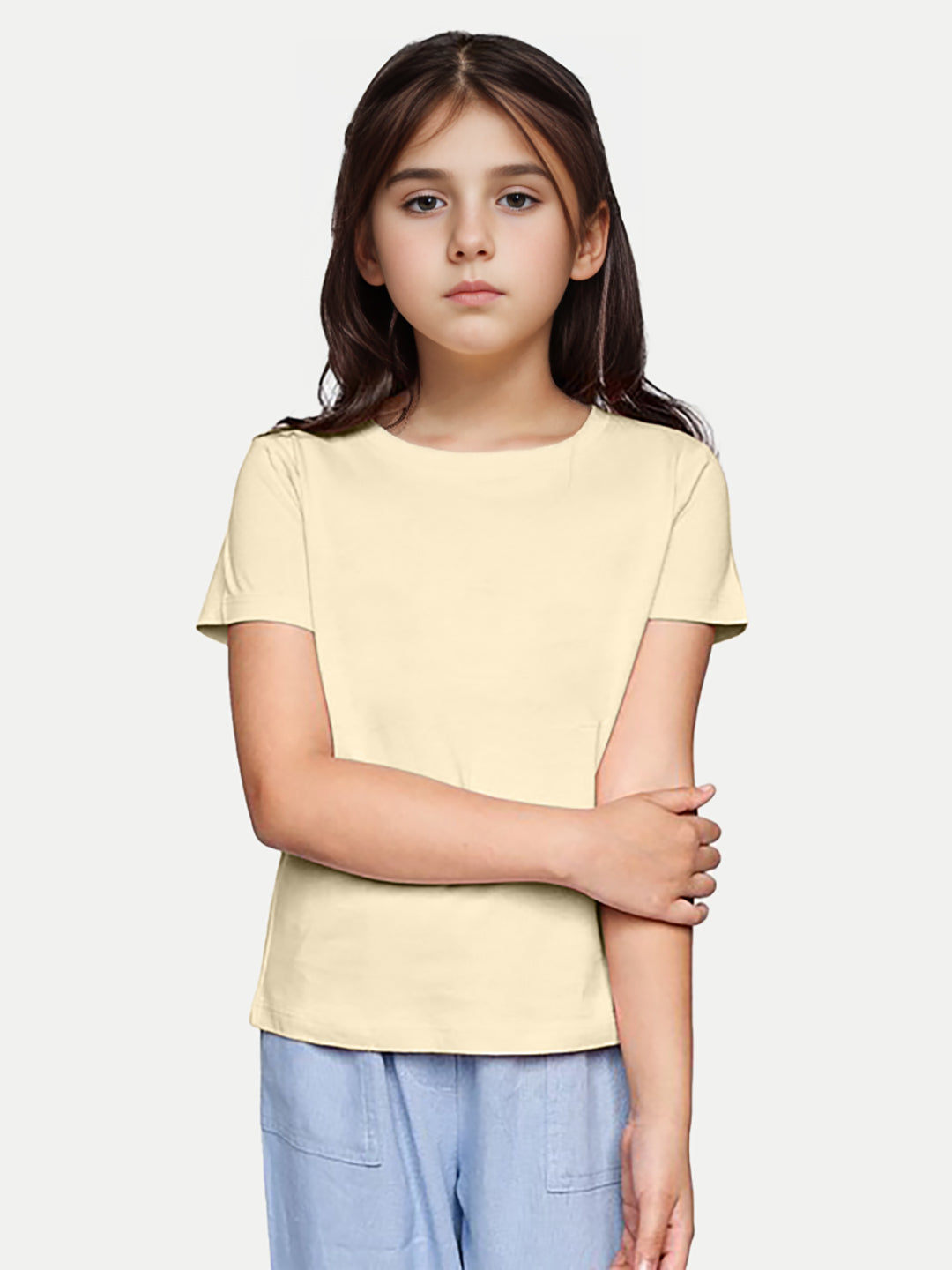 Radprix Teen Girls Beige Solid Round Crew neck T-shirt