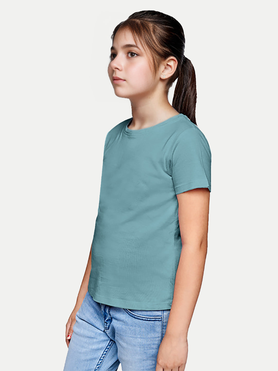 Radprix Teen Girls Teal Blue Solid Round Crew neck T-shirt