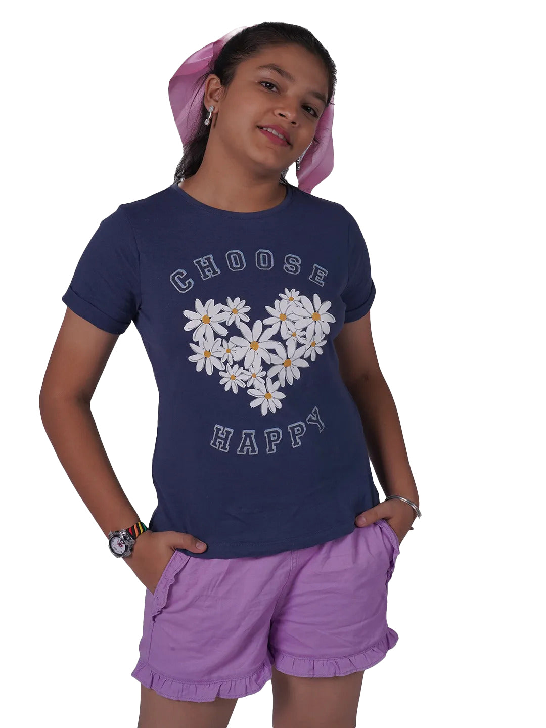 Radprix Teen Girls Navy Printed Crew Neck T-shirt