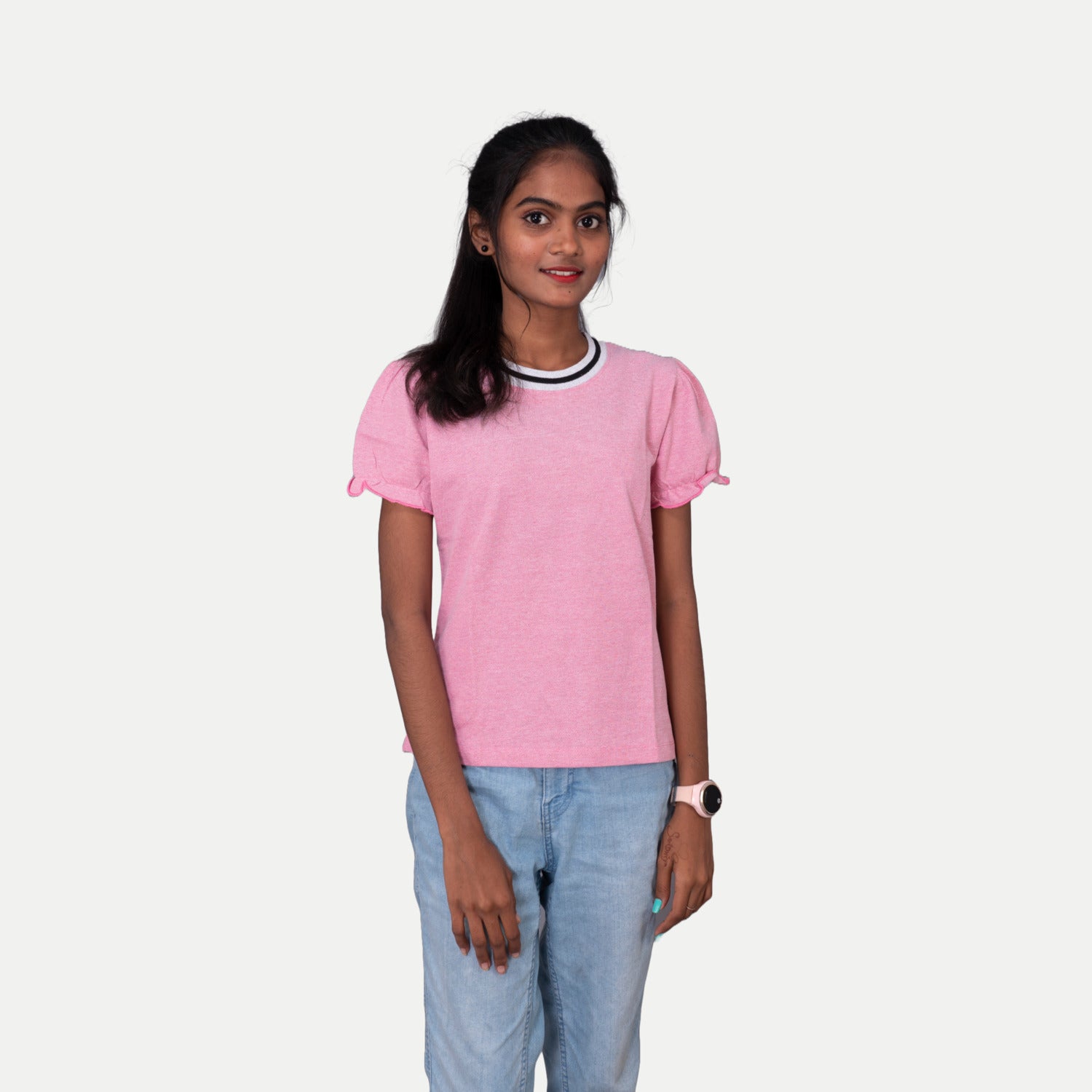 Radprix Girls Light Pink Contrast Round neck Melange T-shirt