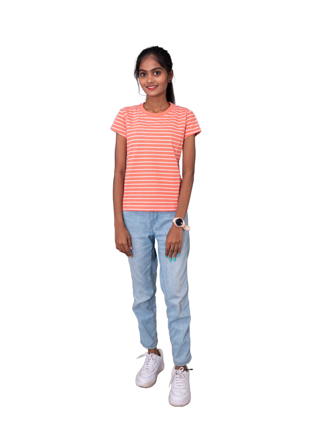 Radprix Girls Tomato Red Round neck Stripe T-shirt