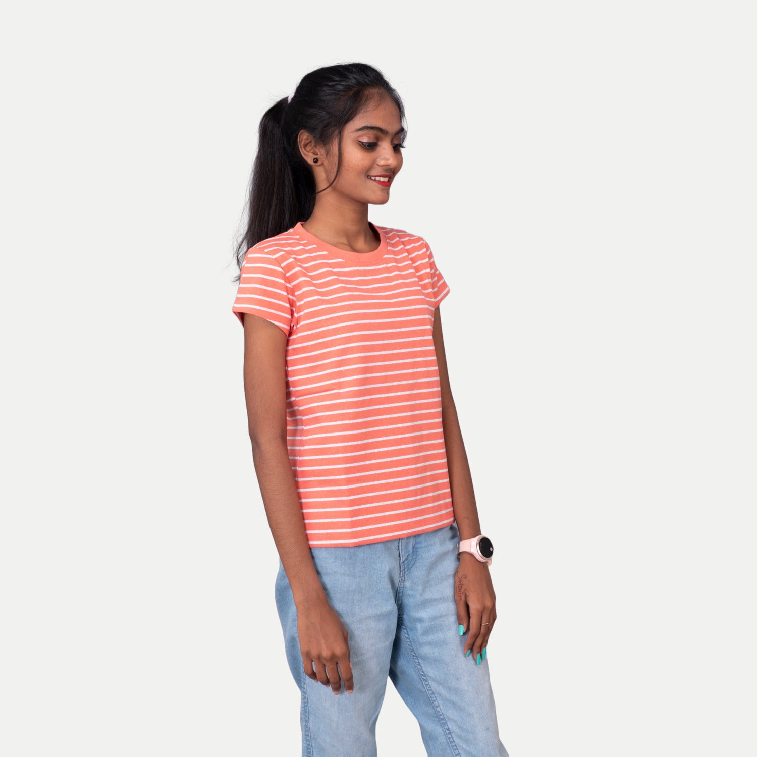 Radprix Girls Tomato Red Round neck Stripe T-shirt