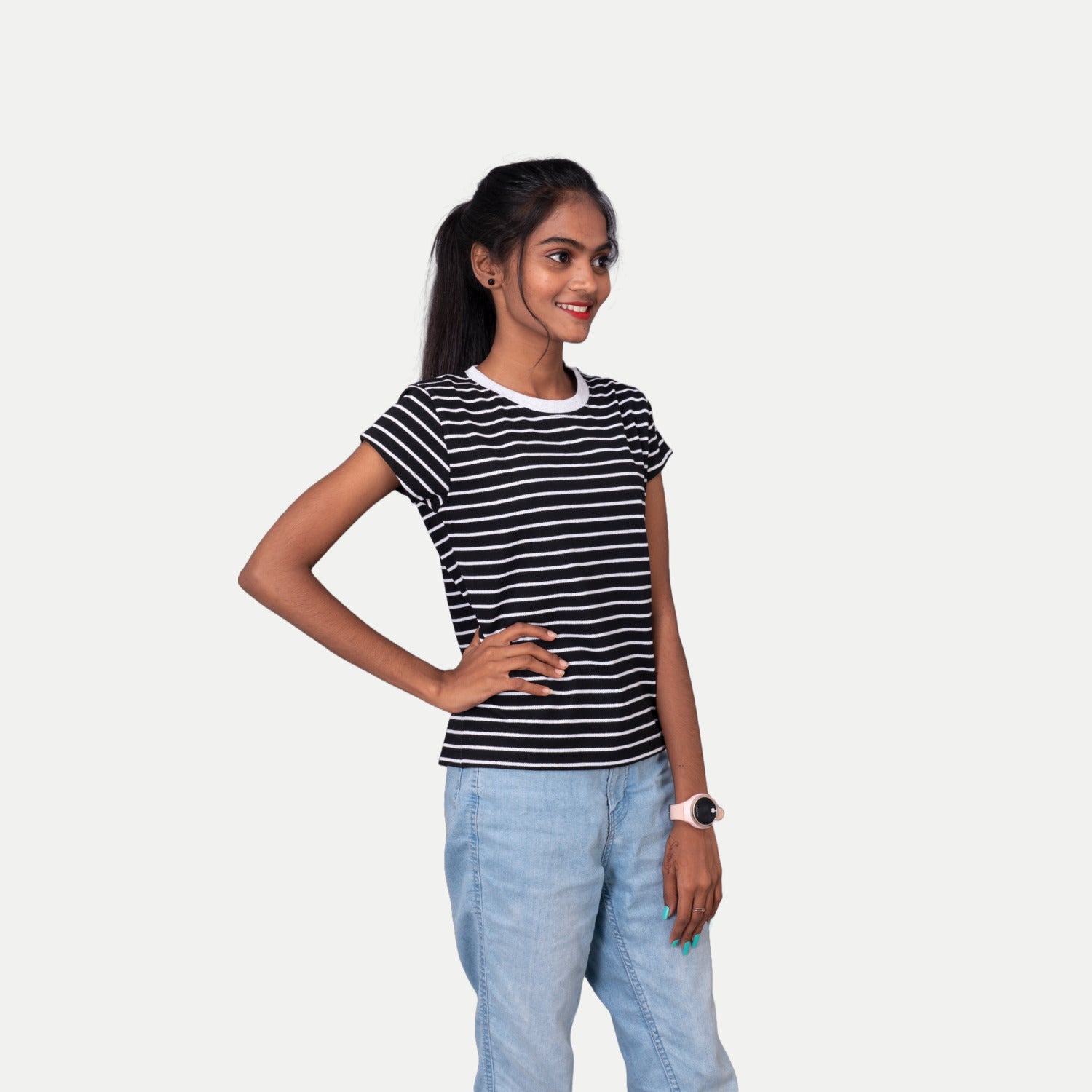 Radprix Girls Black Round neck Stripe T-shirt