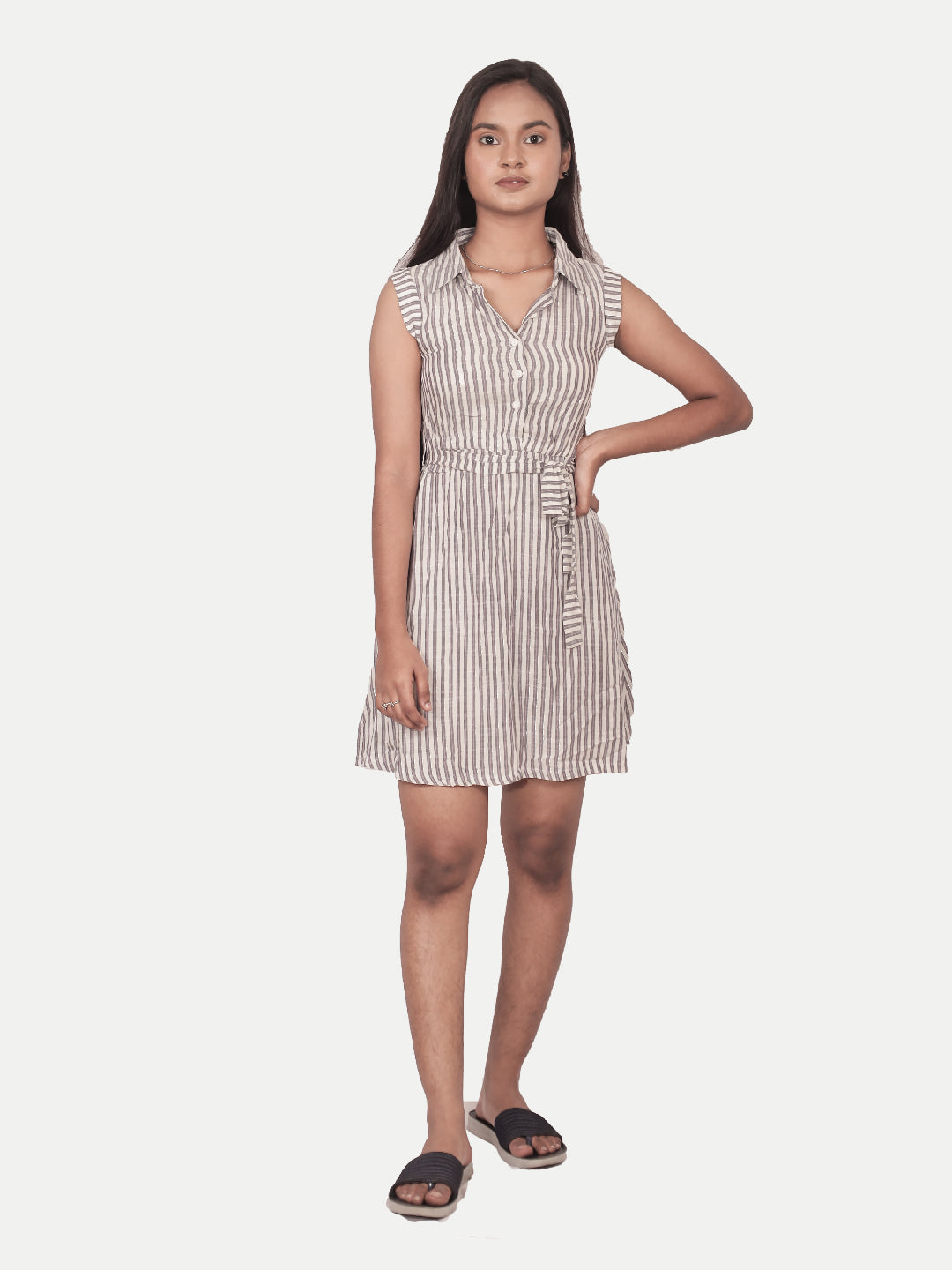 Radprix Teen Girls White Striped Shirt-dress with Waist-belt