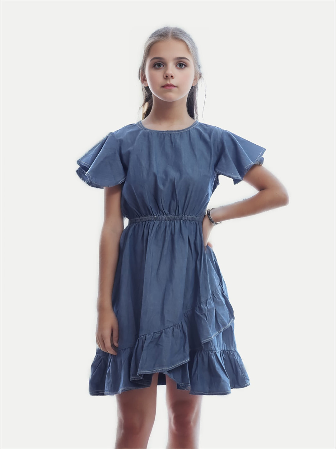 Radprix Teen Girls Light Blue Solid Denim Summer Dress