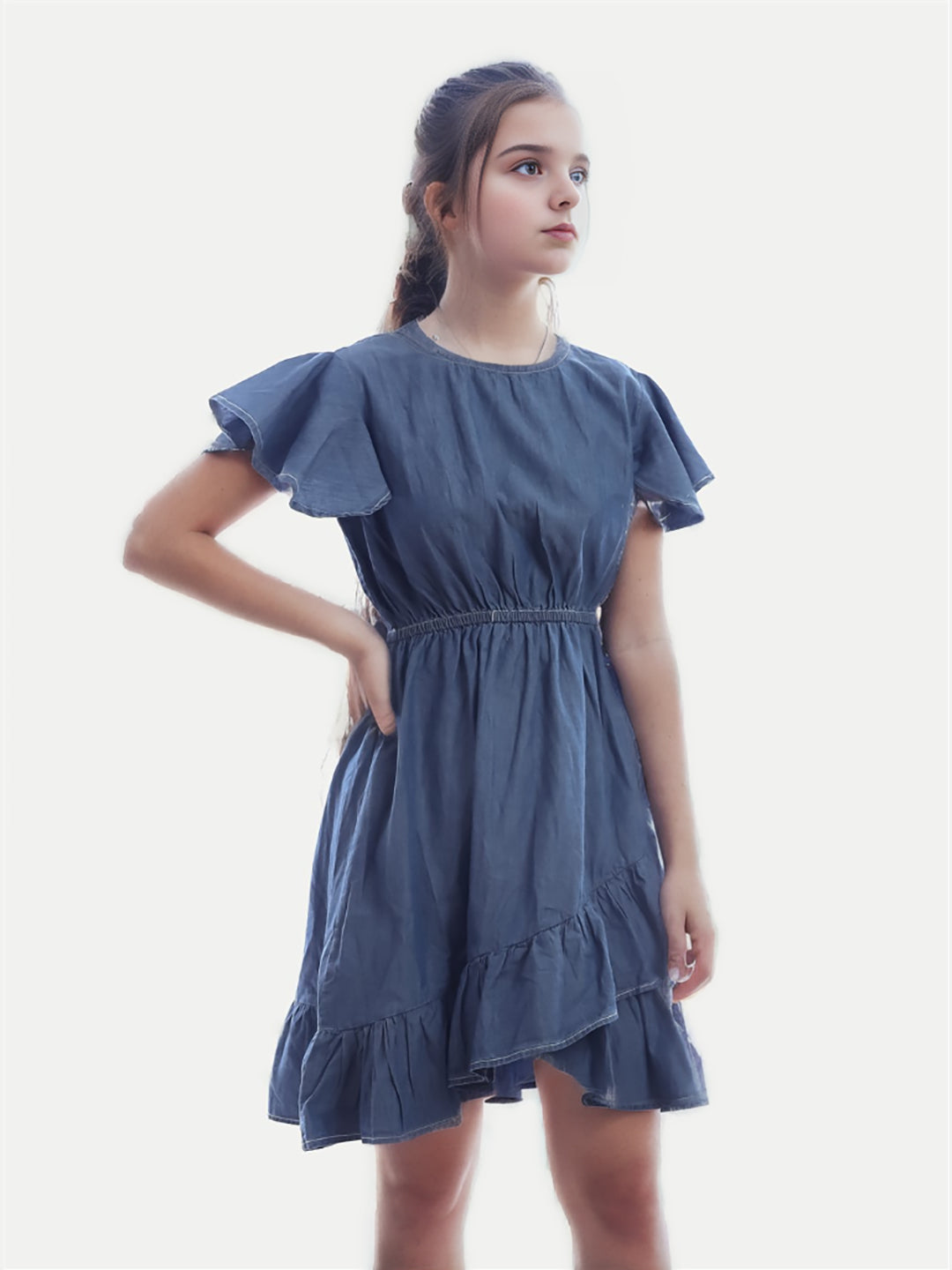 Radprix Teen Girls Light Blue Solid Denim Summer Dress