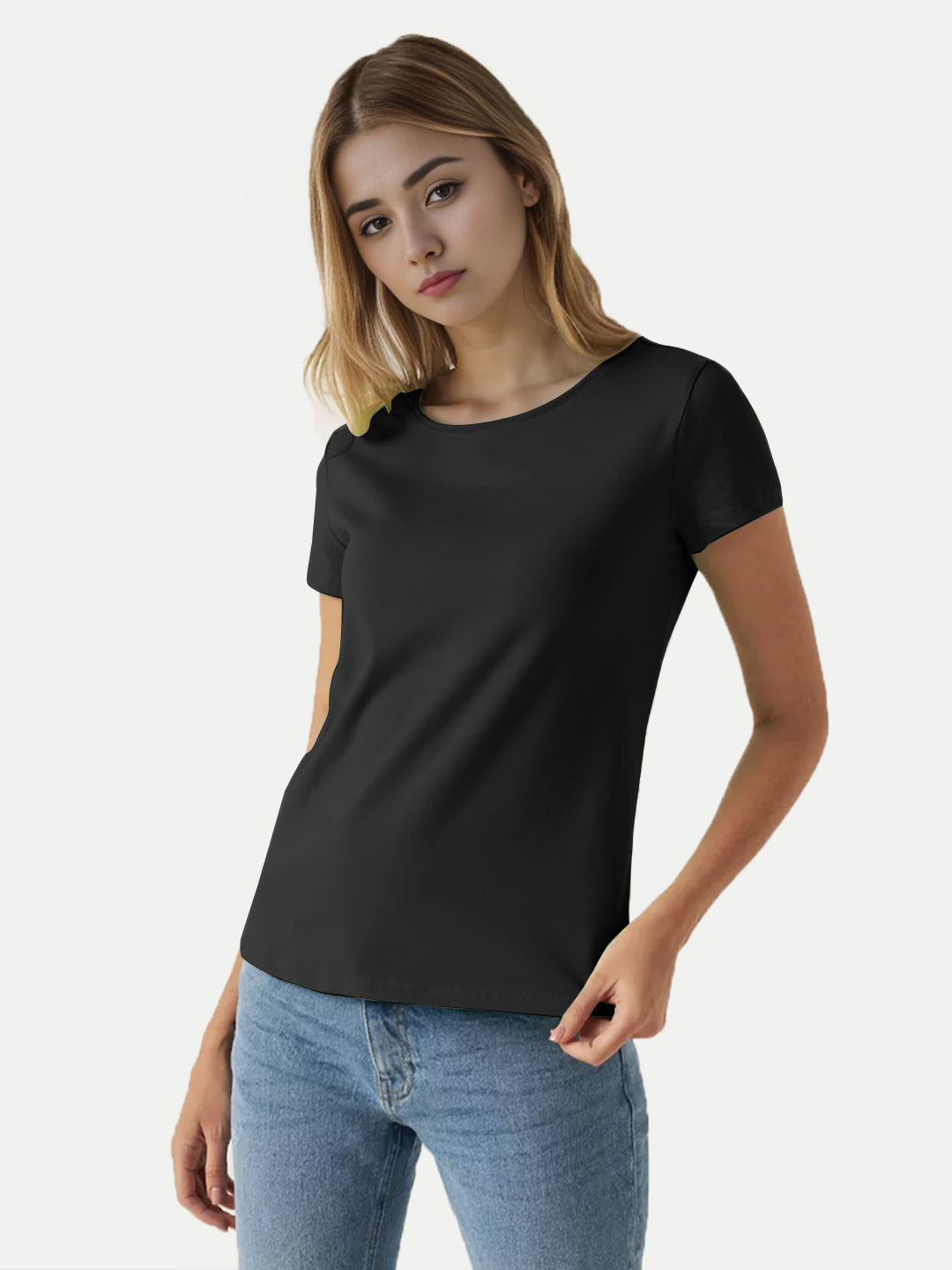 Radprix Women Black Round Crew neck T-shirt