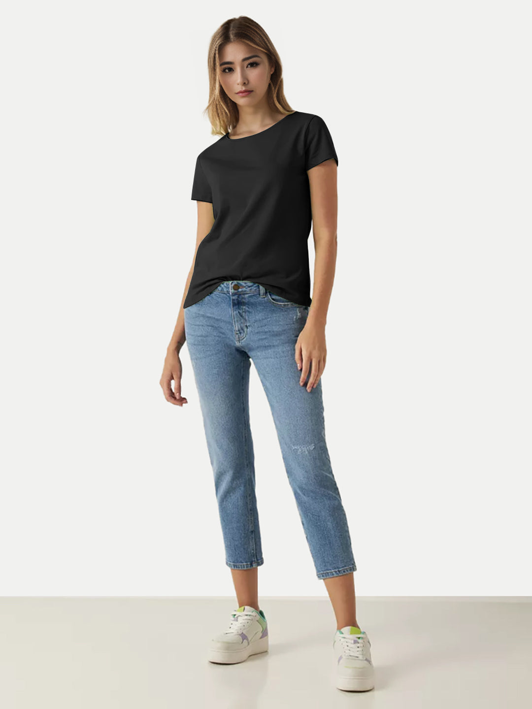 Radprix Women Black Round Crew neck T-shirt