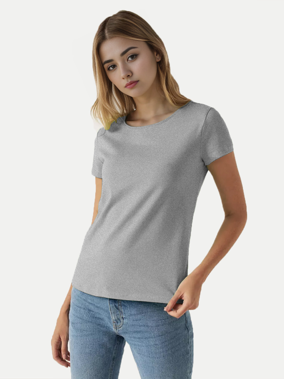 Radprix Women Grey Melange Round Crew neck T-shirt