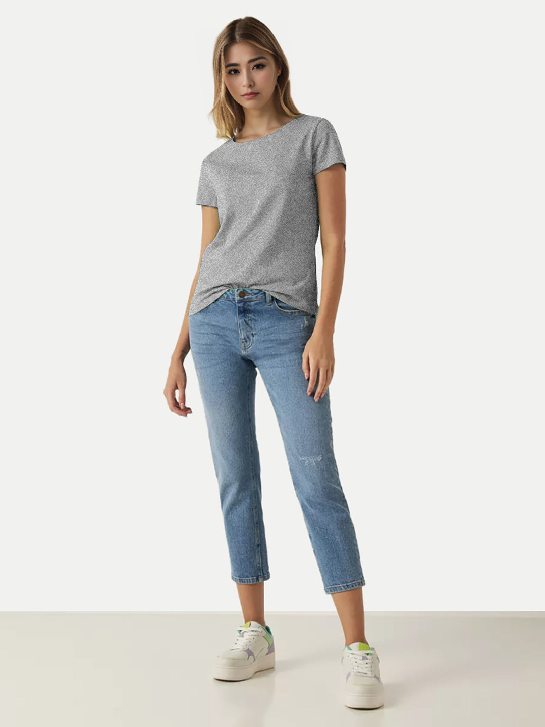 Radprix Women Grey Melange Round Crew neck T-shirt