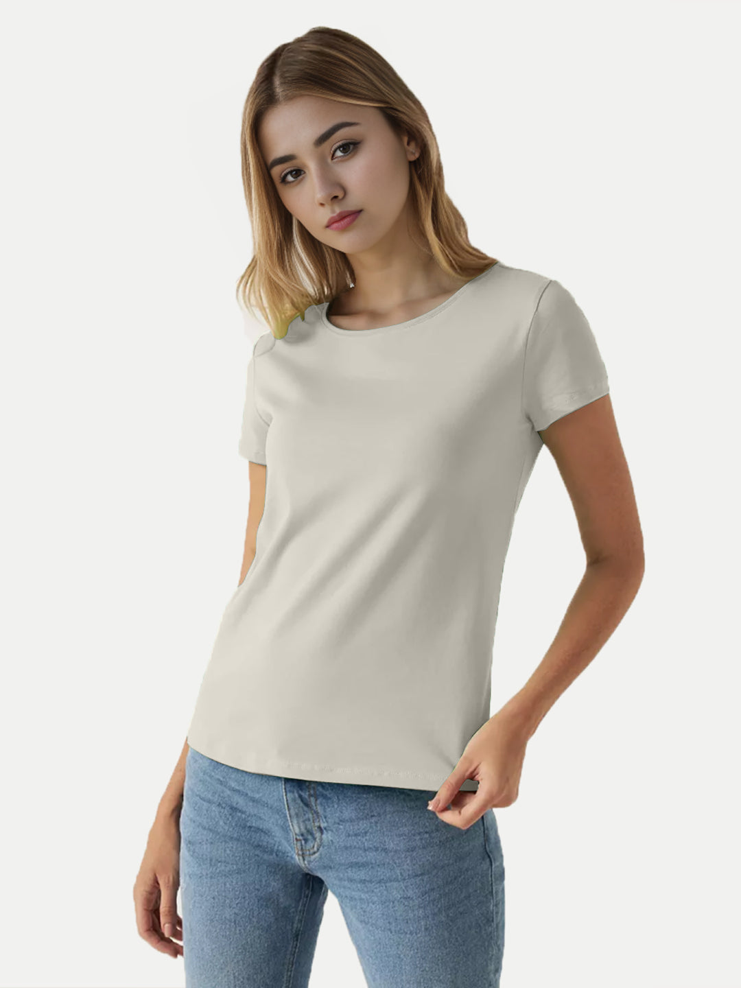 Radprix Women Off White Round Crew neck T-shirt