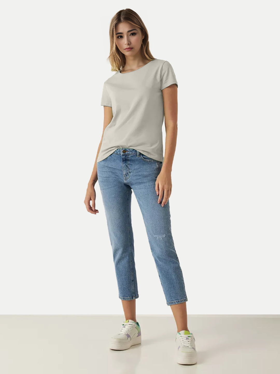 Radprix Women Off White Round Crew neck T-shirt