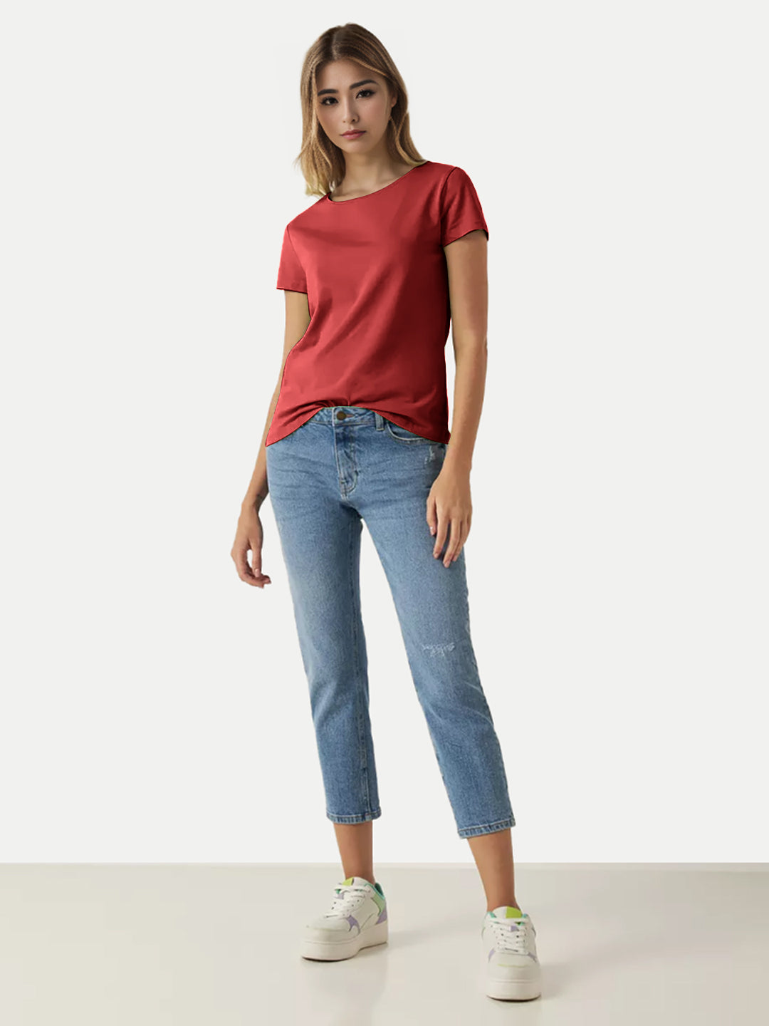 Radprix Women Red Round Crew neck T-shirt