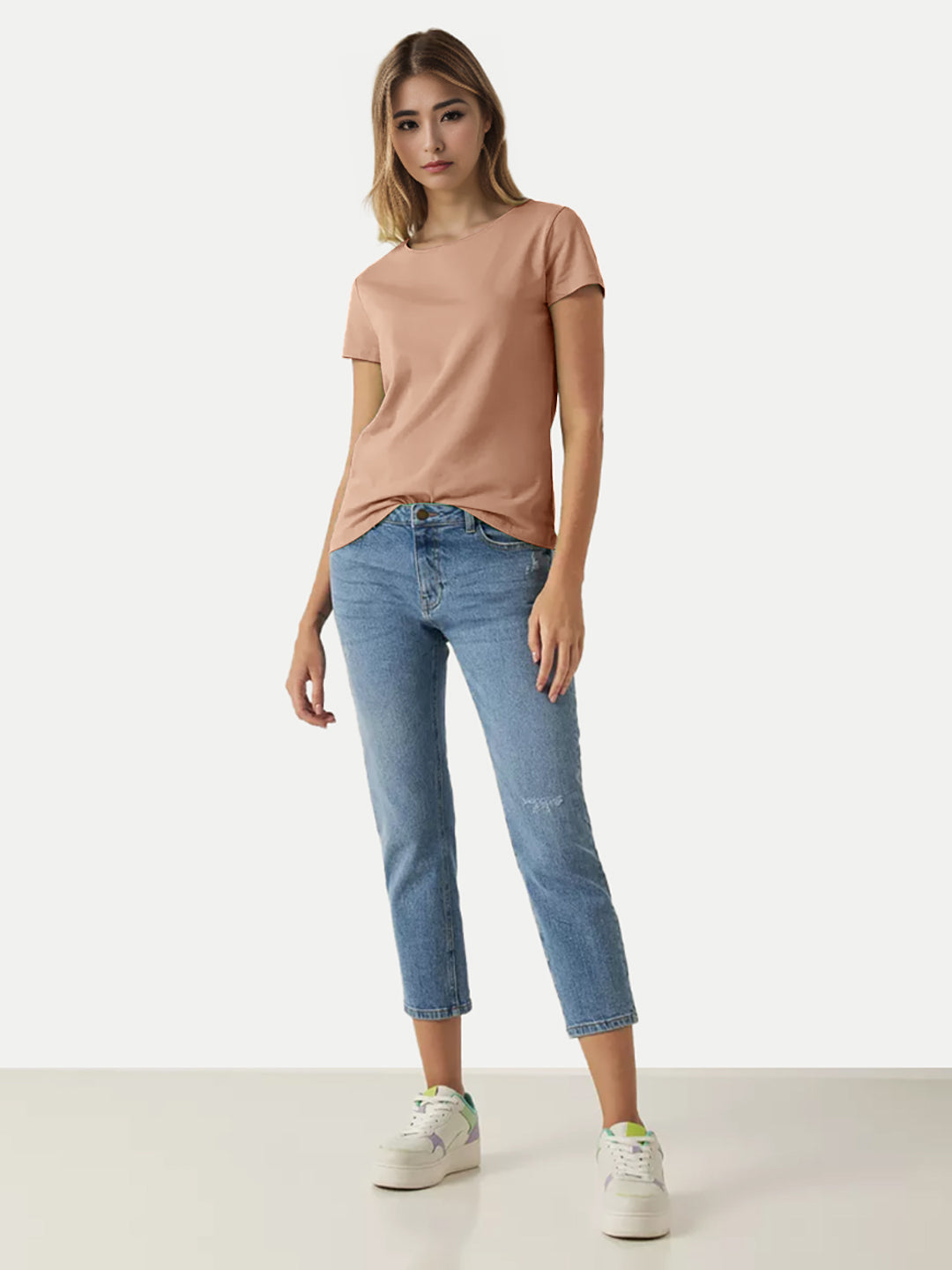 Radprix Women Peach Round Crew neck T-shirt