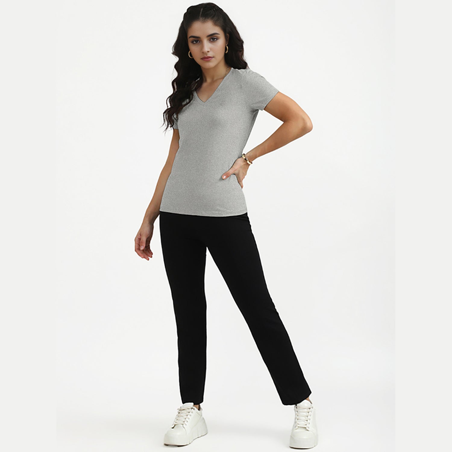 Radprix Women Grey Melange V neck T-shirt