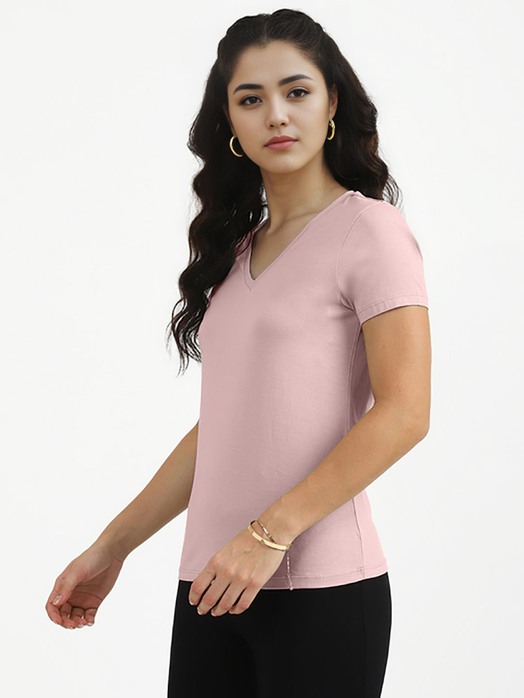 Radprix Women Baby Pink V neck T-shirt