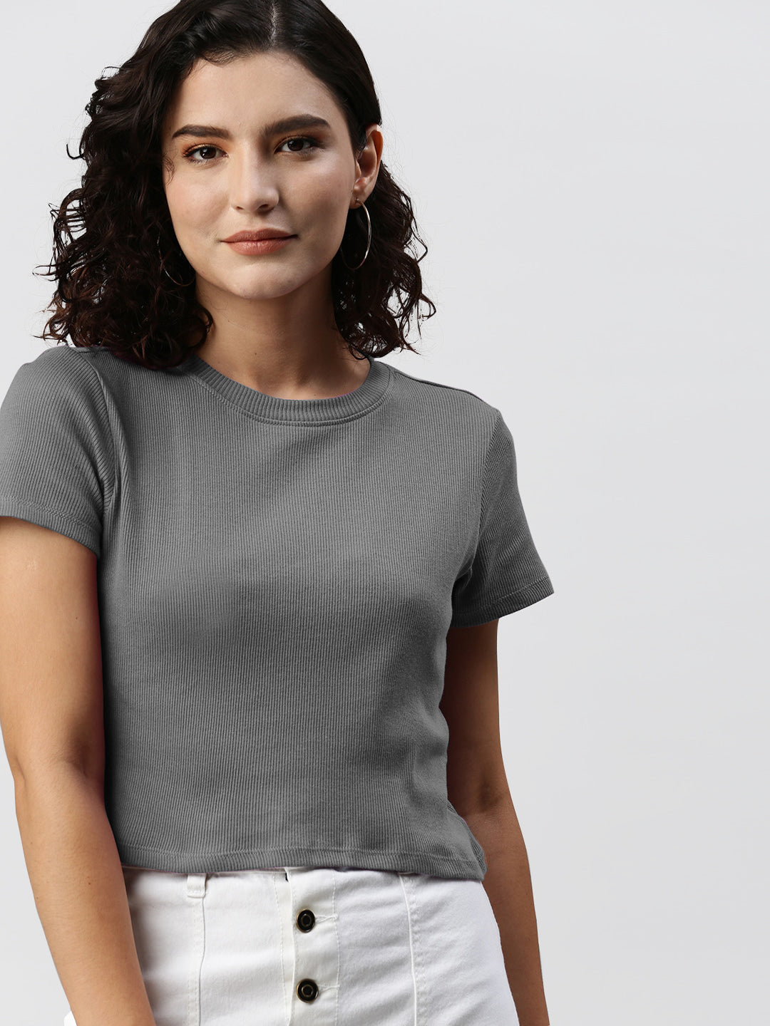 Radprix Women Dark Grey cropped T shirts