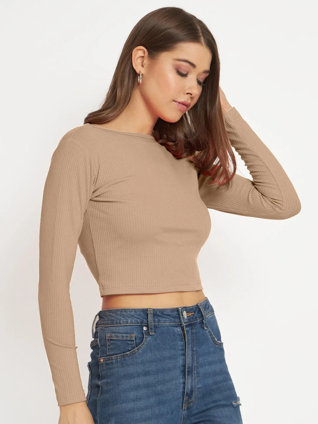 Radprix Women Light Brown cropped Full Sleeve T shirts