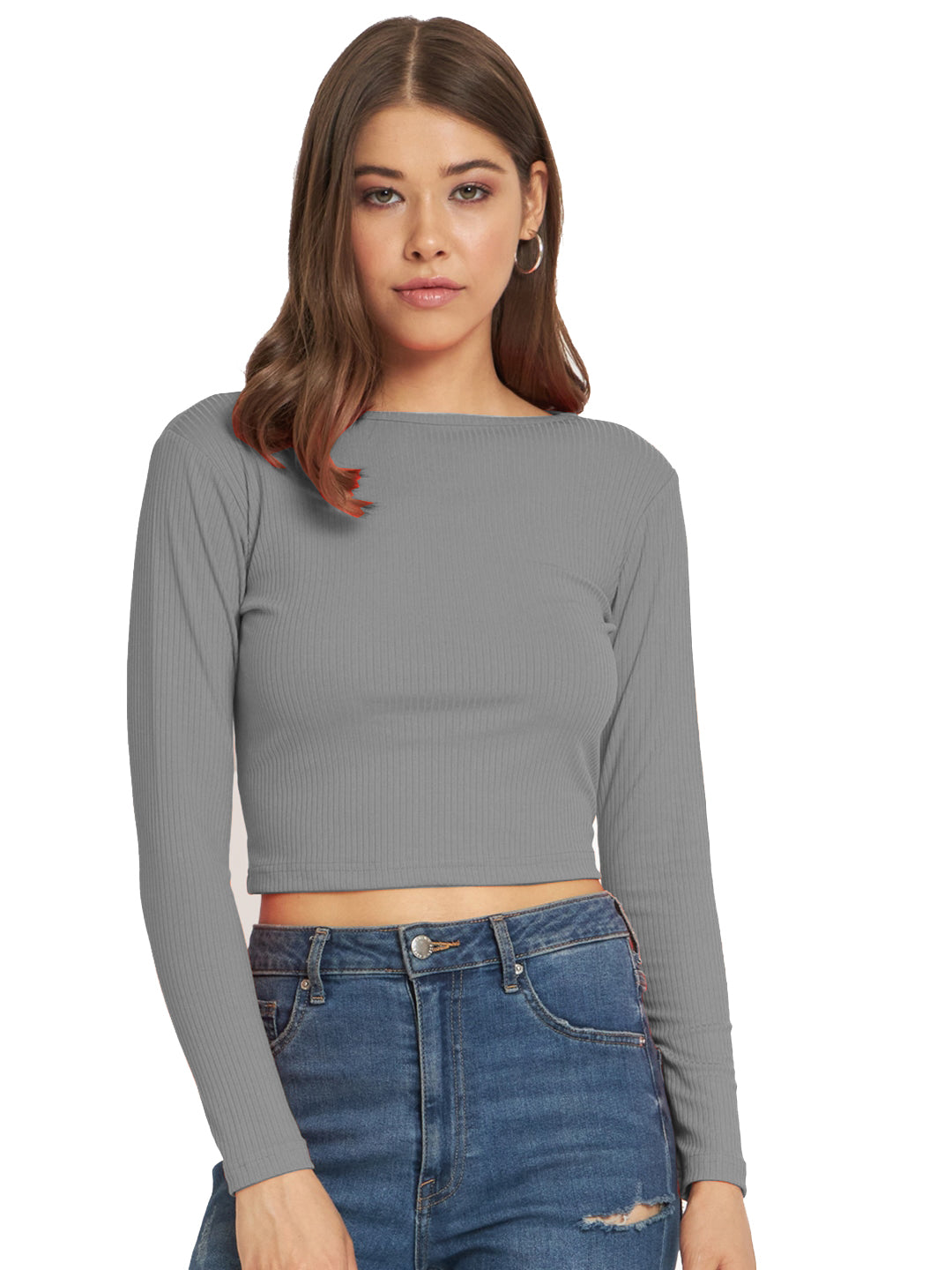 Radprix Women Dark Grey cropped Full Sleeve T shirts