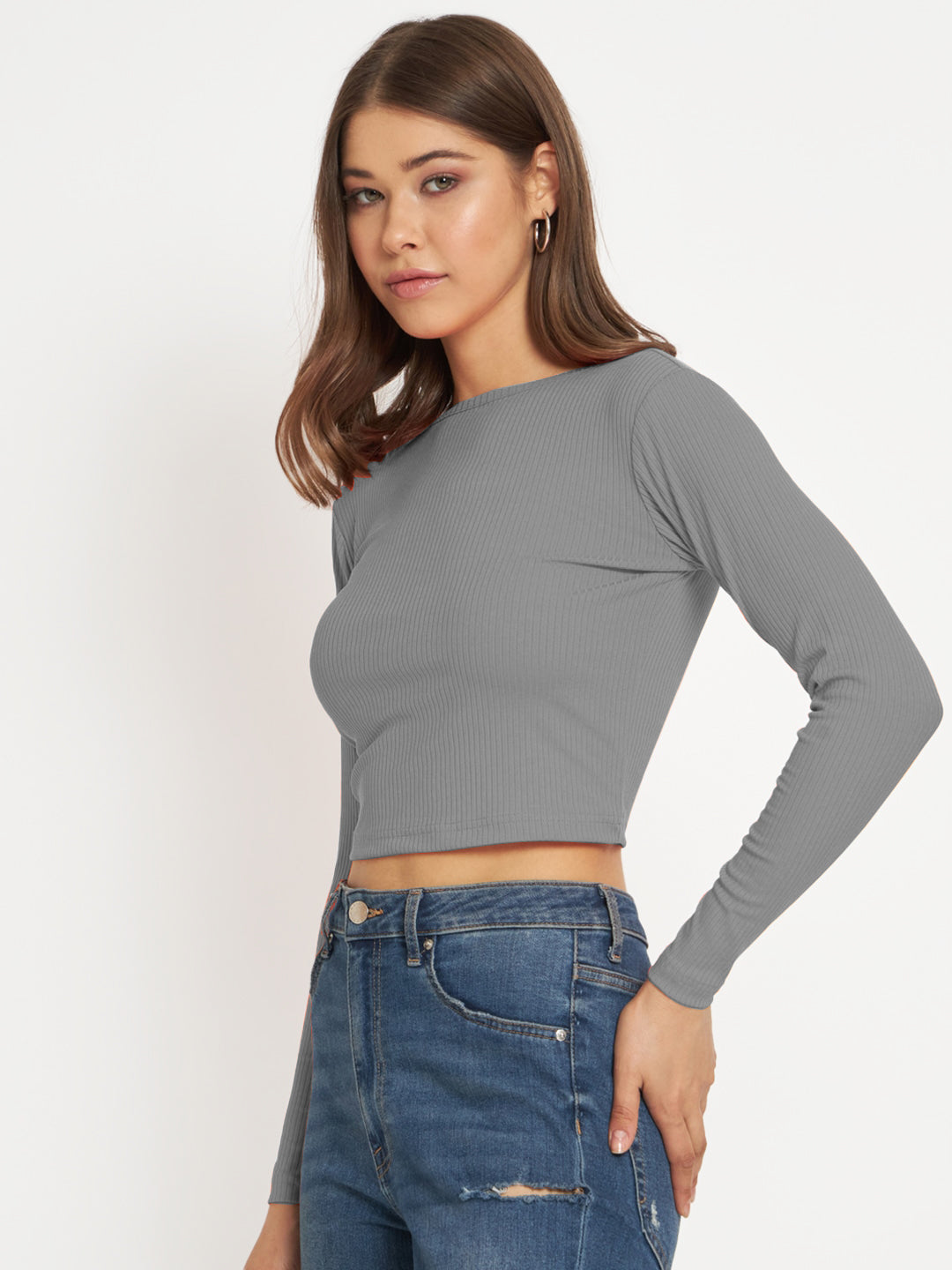 Radprix Women Dark Grey cropped Full Sleeve T shirts