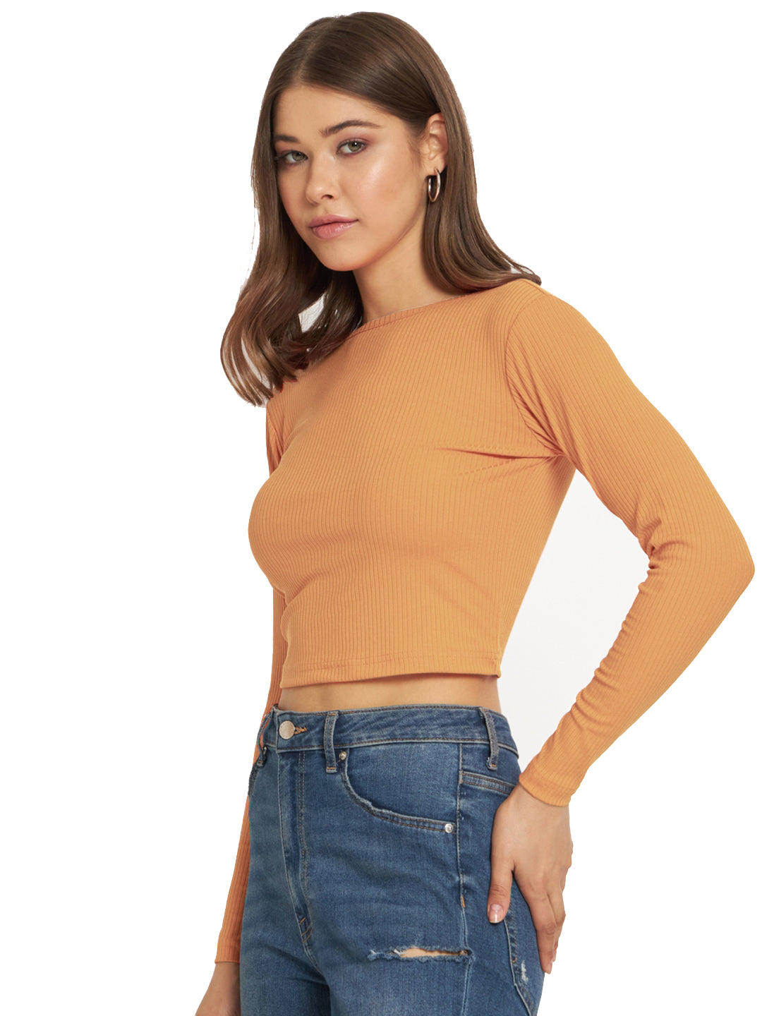 Radprix Women Light Orange cropped Full Sleeve T shirts