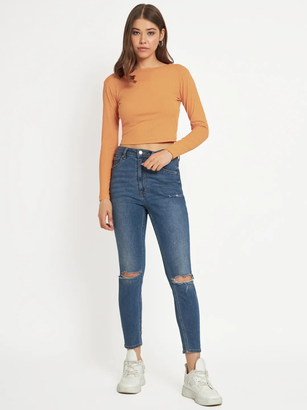 Radprix Women Light Orange cropped Full Sleeve T shirts