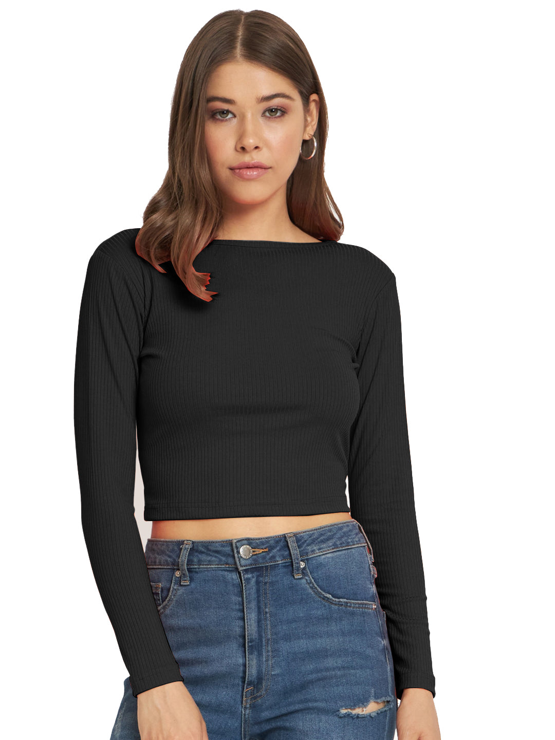 Radprix Women Black Cropped Crew Neck T shirts