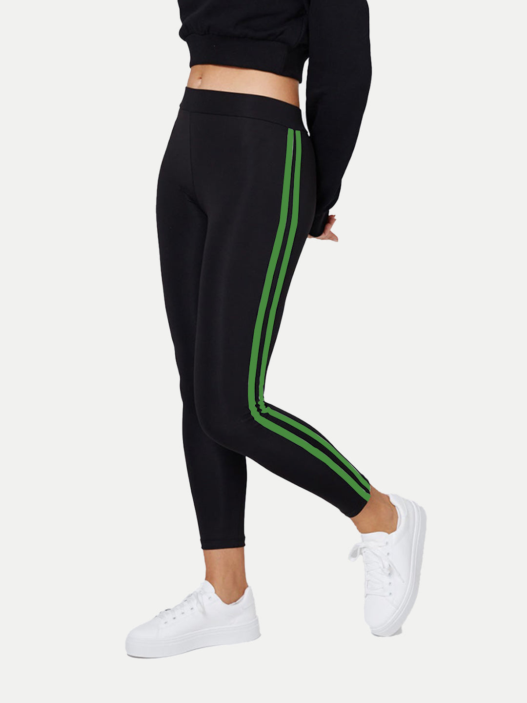 Radprix Women Black Leggings with Green Fashion Stripe