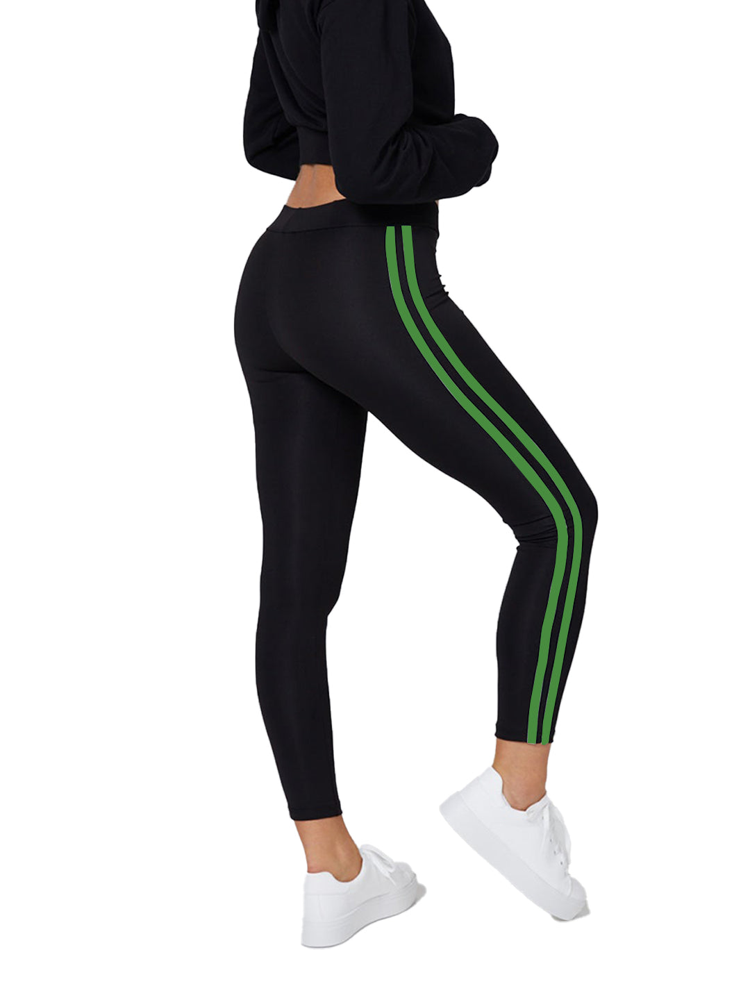 Radprix Women Black Leggings with Green Fashion Stripe