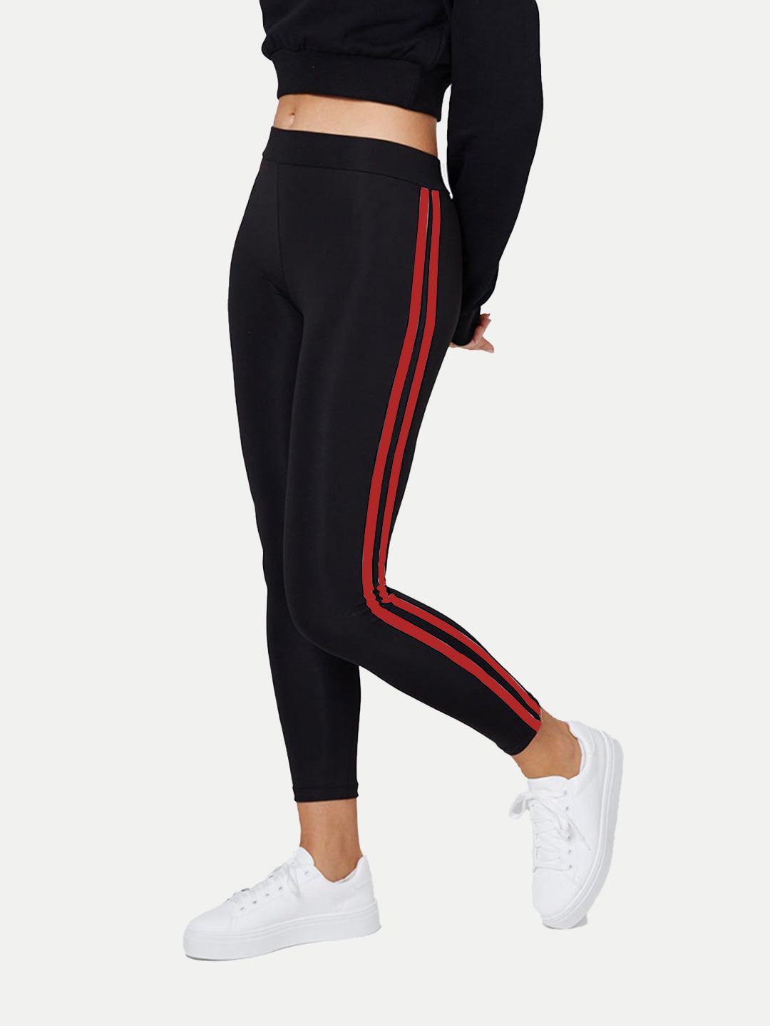 Radprix Women Black Leggings with Red Fashion Stripe