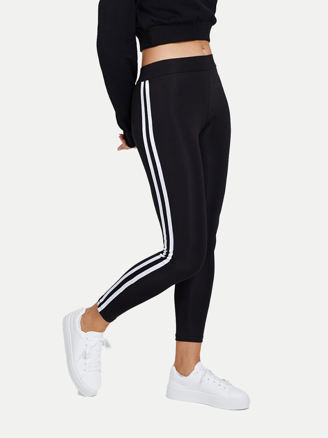 Radprix Women Black Leggings with White Fashion Stripe